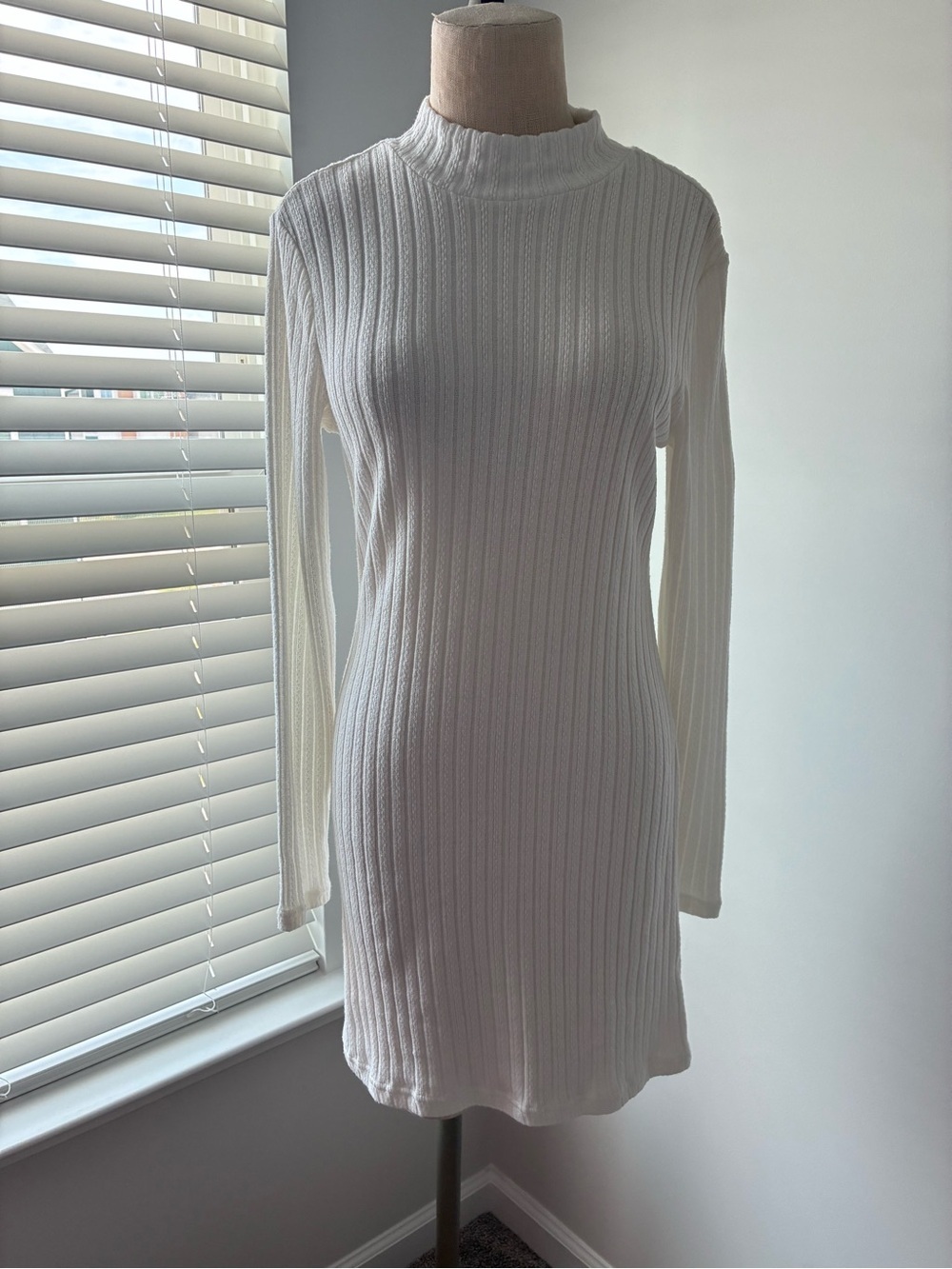 Pink Lily Women's White Ribbed Mock Neck Long Sleeve Mini Sweater Dress